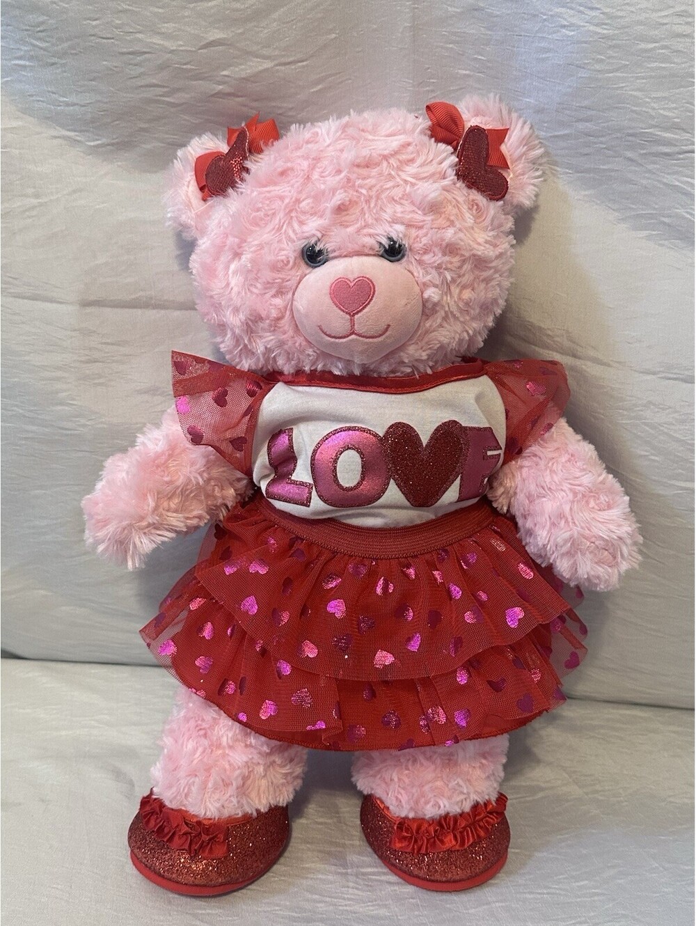 Build a Bear Pink Swirl Heart Nose Plush Bear 16" W/LOVE Outfit & Shoes